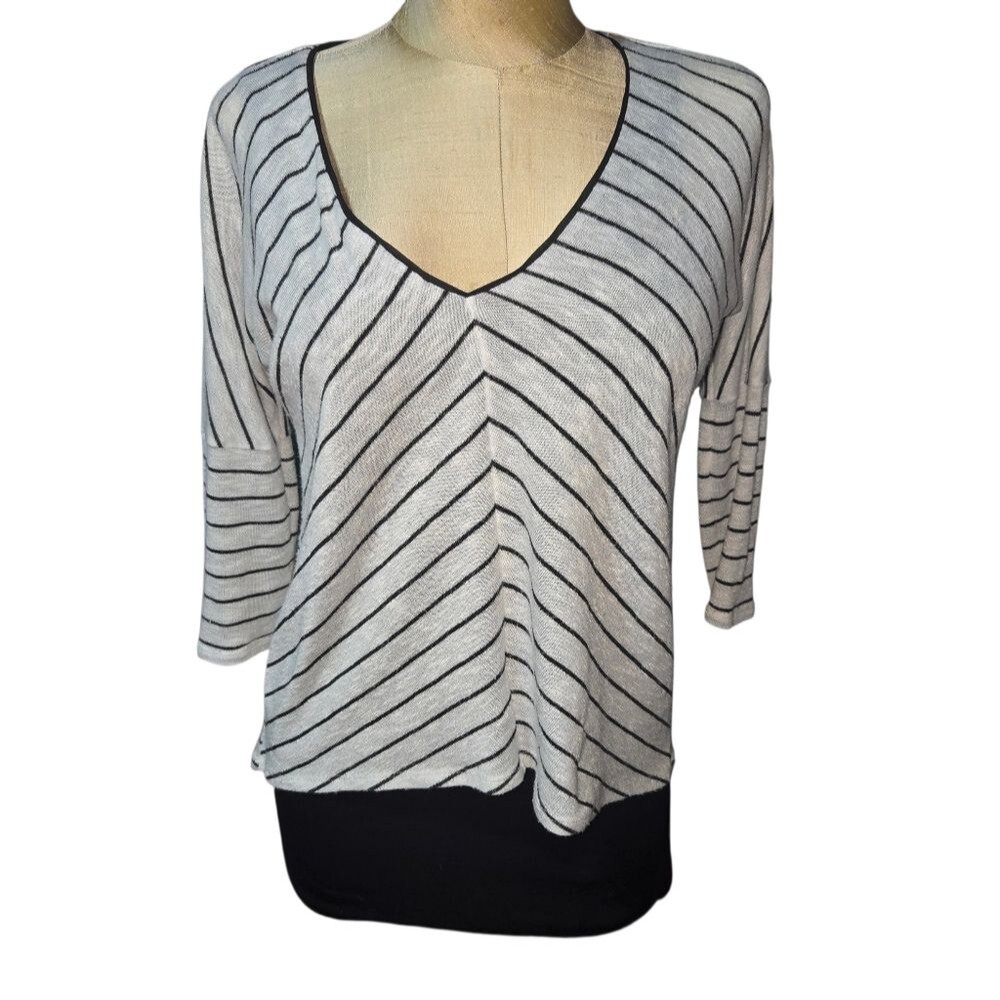 White House Black Market Black & White Striped V-Neck Layered Hem Top